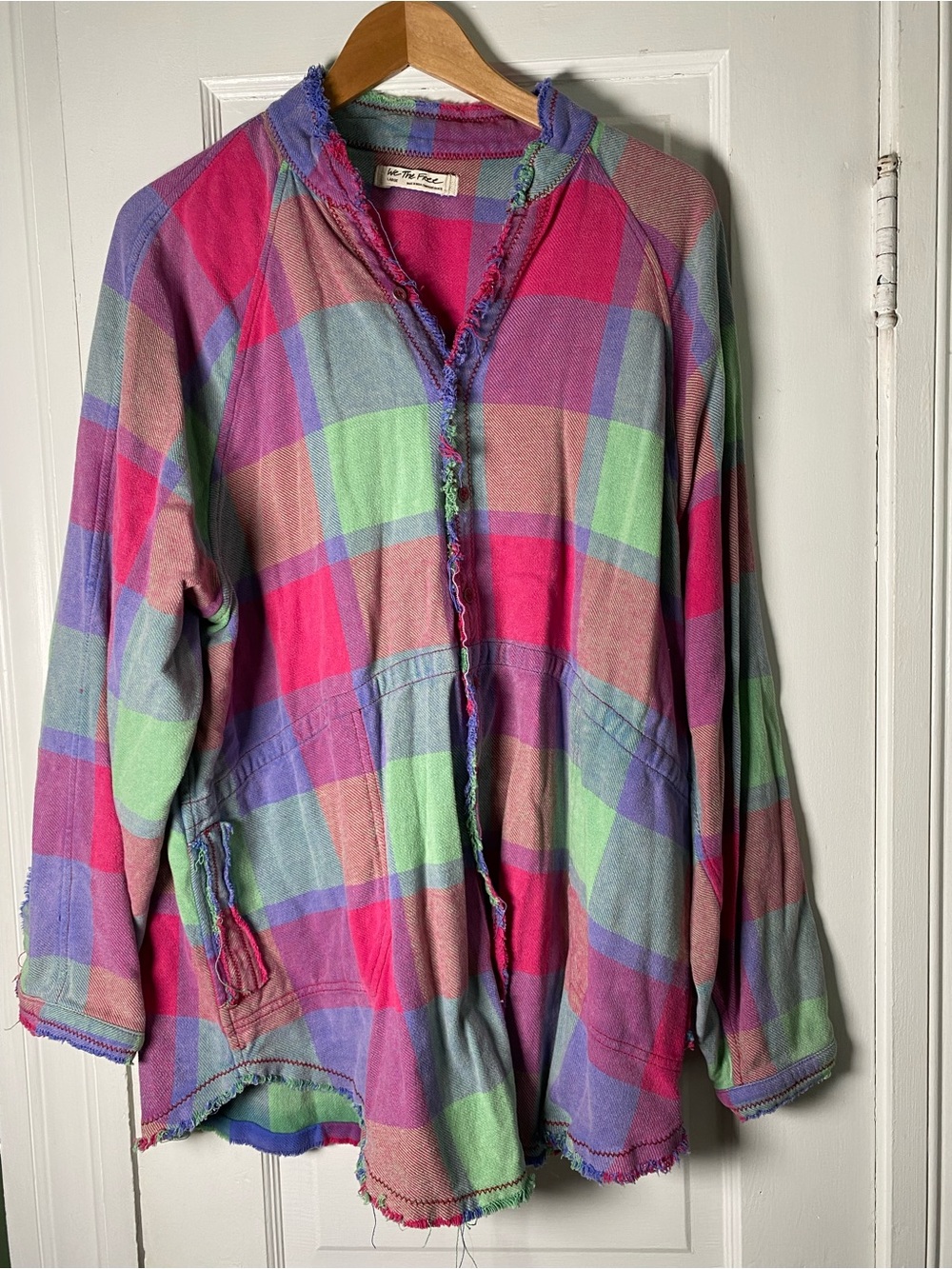 We The Free Pink Green Purple Plaid Button-Down shirt size large